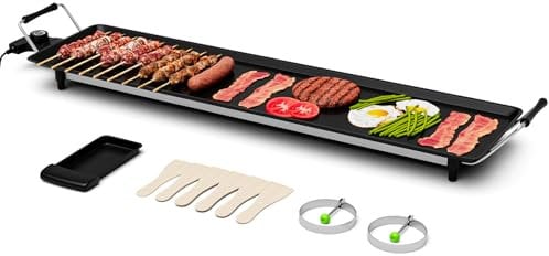 TANGZON Electric Teppanyaki Grill, 1800W/2000W Non-Stick Barbecue Griddle with Adjustable Temperature, 6 Spatulas & 2 Unsticking Rings, Portable Party Tabletop BBQ Hot Plate (XXL 90x23cm, 1800W)