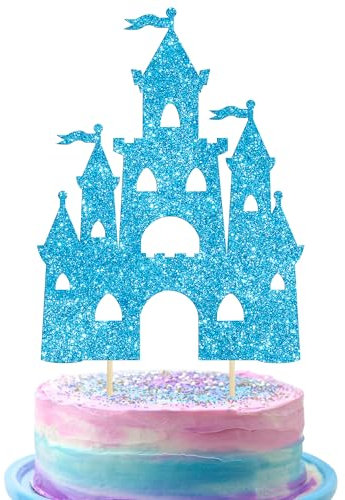 Ephlyn 1Pcs Castle Cake Topper Glitter Princess Castle Theme Birthday Cake Decorations Queen Castle Cake Pick for Princess Prince Birthday Baby Shower Party Supplies Blue