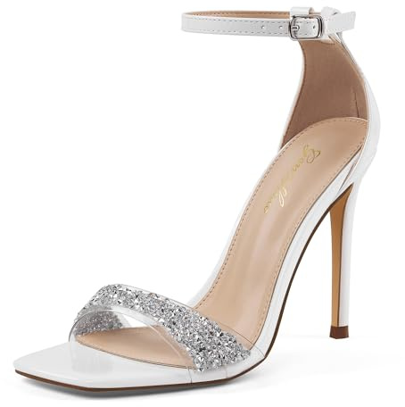 GENSHUO Sandali con Cinturini, Stiletti 11CM con Strass, Punta Quadrata Aperta, Scarpe Sexy per Feste e Matrimoni, EU 36-42