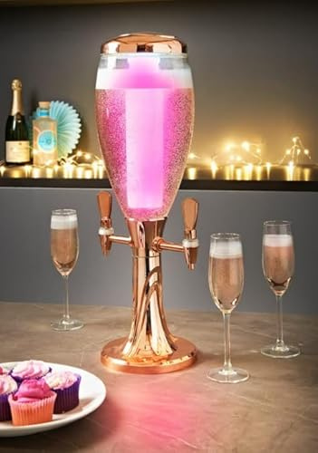 Wine and Prosecco Dispenser Tower with LED Colour Changing Lights, Rose Gold Stand