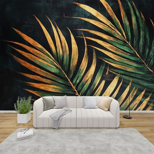 PaxGloz Fototapete Palmenblätter Gold Grün Tapete Tropisch Dunkel Luxus Tapeten Vliestapete Modern Wandtapete Wohnzimmer Schlafzimmer Kinderzimmer Wanddeko Motivtapeten 100 x 70 cm (B x H)
