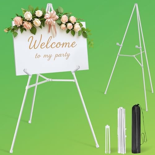 VAIIGO White 163cm Adjustable Display Easel Stand for Wedding Sign, Welcome Sign, Poster, Lightweight Canvas & Painting, Portable Folding Metal Floor Easel with Carry Bag
