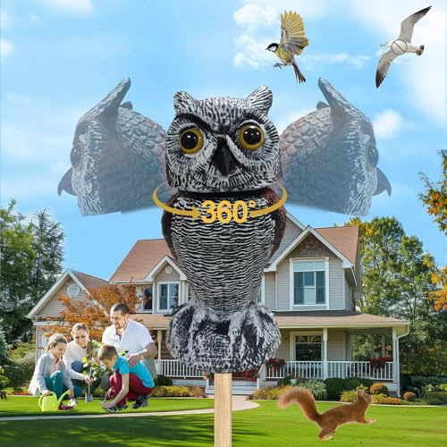 SMD35 Vogelscheuche Eule - Vogelschreck Eule mit 360° Rotation, Vogelschreck Vogelabwehr Eule, Raubvogel Attrappe Taubenabwehr Balkon Garten für Balkone Terrassen Ertreibt Vögel Tauben Raben