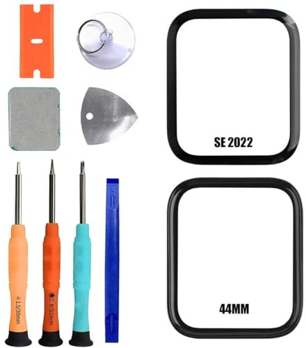 ERYNK Juego de reparación de cristal frontal para Apple Watch Series SE (2022) 44 mm [con adhesivo OCA] [sin pantalla LCD] con juego de herramientas