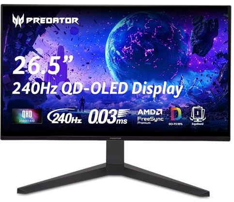 acer Monitor da gioco Predator | 26,5 WQHD 2560 x 1440 OLED | AMD FreeSync Premium | 240 Hz | 0,03 ms | Inclinazione regolabile in altezza, girevole e girevole | DCI-P3 99% | 2x DP 1.4 e 2x HDMI 2.1