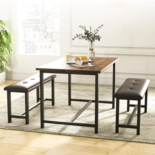 Esstisch mit 2 Bänken, Essgruppe 3er-Set, Küchentisch mit 2 PU Gepolsterten Bänken Set für 4 Personen, Esszimmertisch mit Metallgestell, Esstisch 113 x 70 x 75 cm, Küchenmöbel, Esszimmermöbel