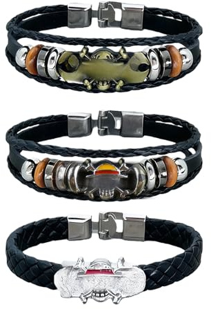 YEJAHY 3 Stück Schädelform Accessoires Armbänder, One P. Bracelet, Anime Cosplay Outfit-Accessoires, handgefertigt Armband verstellbar Leder, Geschenk für Fans