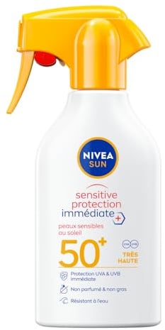 NIVEA SUN - Spray Solaire Sensitive Protection Immédiate Peaux Sensibles FPS 50+ (1 x 250 ml), Protection Anti UV Non Grasse et sans Parfum, Résistante à l'Eau