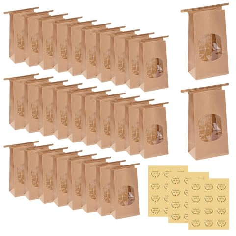 30 Stück Papiertüten mit Fenster, Kraftpapier Tüten Brottüten Papier Braune Kraftpapier Tüten Kraftpapiertüten Geschenktüten mit Aufkleber Backbeutel Kleine Brottüte für Süßigkeiten Keks Partys
