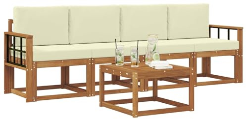 vidaXL Outdoor-Sofagarnitur 5 pcs Natur und Creme Massivholz Akazie, Garten-Sektionalsitz, Moderne Außenmöbel, langlebige Lounge, entspannte Terrasse für alle