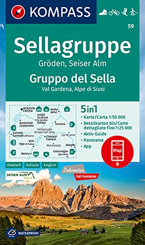 KOMPASS Wanderkarte 59 Sellagruppe, Gruppo del Sella 1:50.000: 5in1 Wanderkarte mit Aktiv Guide, Detailkarten und Panorama inklusive Karte zur offline ... Fahrradfahren. Skitouren. Langlaufen.