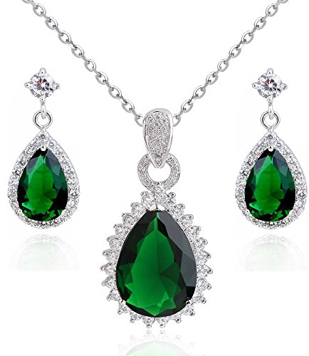 Crystalline Azuria Tropfenform Grüner simulierter Smaragd Zirkonia Kristalle Schmuck-Set Halskette Anhänger 45 cm Ohrringe 18 kt Weiß Vergoldet