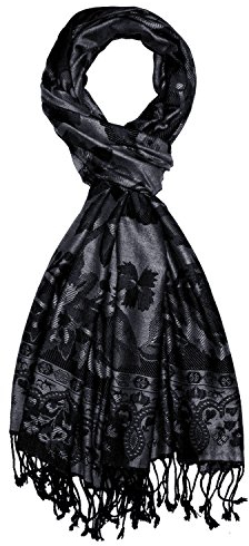 Lorenzo Cana Marken Herren Schal Schaltuch mit Fransen Schwarz Grau Anthrazit Naturfaser opulentes Muster modischer Männerschal Tuch 70 cm x 200 cm - 7833011