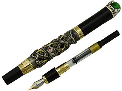 Jinhao Vintage Black Dragon Fountain Pen Fine Nib, intricate Design,Playing Green Jewelry with Pen Pouch