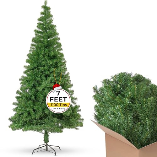 FB FunkyBuys Artificial Christmas Tree 7ft with Metal Stand, Premium 1100 PVC Tips – Realistic Bushy Spruce Branches Easy Assembly – Indoor Outdoor Xmas Tree for Holiday Christmas Decorations (Green)