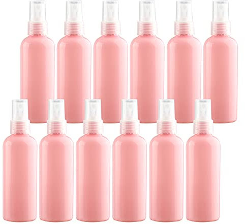 TIANZD 12 Pieces Empty 100 ml Pink PET Plastic Fine Mist Pump Spray Bottles with Clear Top Portable Sprayer for Perfume Water Cosmetic Travel Containers Refillable, 2x Funnel