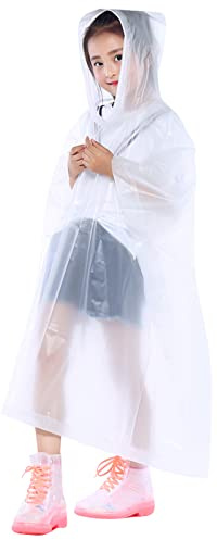 Kids Waterproof Rain Poncho, Reusable EVA Kids Raincoat with Hood and Buttons for Girls Boys, Lightweight Clear Rainwear Children Rain Cape for School Outdoor Hiking Cycling Camping Travel (White)