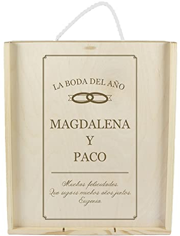 CALLE DEL REGALO Caja de Madera para tres Botella de Vino grabada con título, Nombres y dedicatoria