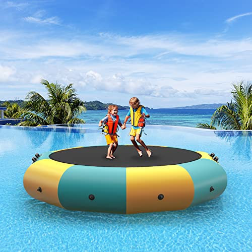 GYMAX Inflatable Water Trampoline, 10FT Bouncing Swimming Platform with Electric Inflator, Rope Ladder, Anchor & 3 Mooring Ropes, Floating Water Trampolines for Adults Children (Yellow + Green)