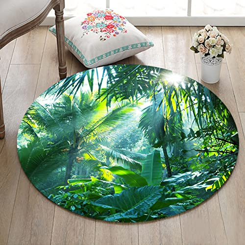 LB Tropischer Dschungel Teppich Sonnenschein durch Grünen Wald Bodenmatte Runden Bananenblatt und Pflanze Weich Waschbar Innen Fußmatte für Wohnzimmer Badezimmer Schlafzimmer,80x80cm