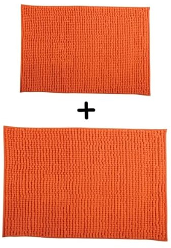 MSV – 2er-Set Chenille-Mikrofaser-Badematten – Langflorig, rutschfest – Maschinenwaschbar – Praktische Aufhängeschlaufe – Optimaler Komfort und Hygiene – Orange – 40 x 60 cm & 60 x 90 cm