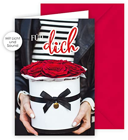 KE - Musikalische Geburtstagskarte mit Licht, Musikkarte, DIN B6 Klappkarte inkl. Umschlag, Besonderes Geschenk für Geburtstagsfeier, Motiv: Rosen