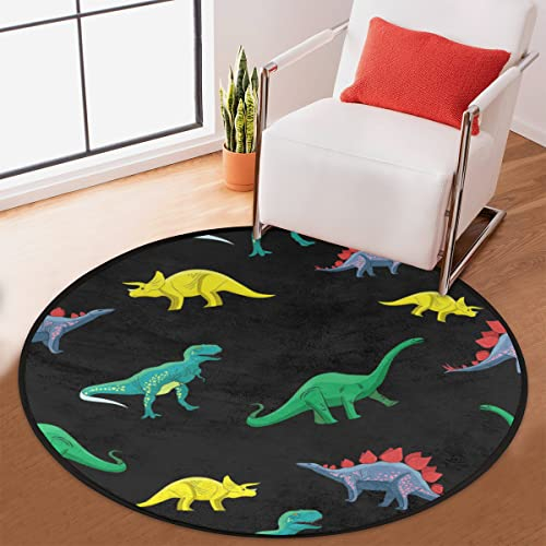 TropicalLife Dinosaurier-Teppich, rund, Kurzflor, bunt, Dino-Teppiche für Zimmer, Zuhause, Innenbereich, rutschfester Boden, Innenmatte