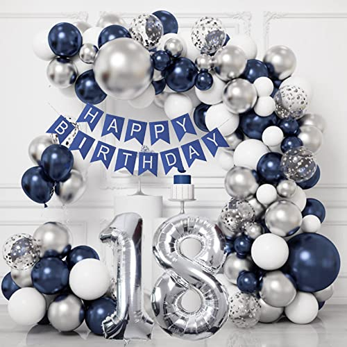 18. Geburtstag Deko Junge, 18 Geburtstagsdeko Mädchen, Blau und Silber Deko 18 Geburtstag Luftballon mit HAPPY BIRTHDAY Banner, Ballon Girlande für Frauen Mann 18. Geburtstag Dekorationen