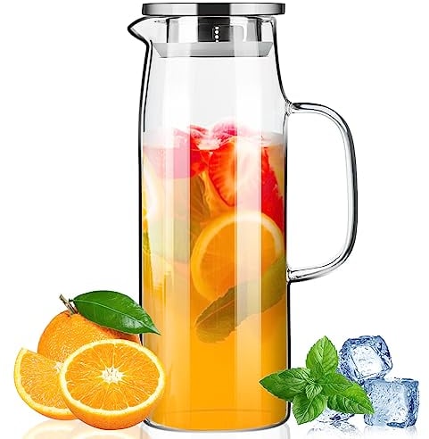 PARACITY 1.5L Hot/Cold Glass Pitcher, Modern Transparent Jug with Lid, 50oz, Fits Fridge Shelf, Heat & Cold Resistant