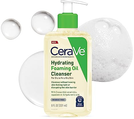 CeraVe Hydrating Foaming Oil Cleanser, Moisturizing Cleanser for Face & Body, Squalane Oil + Hyaluronic Acid + Ceramides, For Dry to Very Dry Skin, Fragrance Free & Residue Free, 8 FL Oz