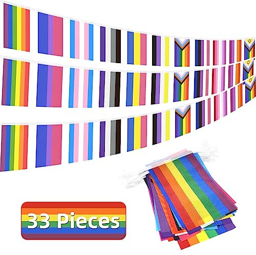 32.8ft Rainbow Pride Bunting Banner with 33 Pennant Flags - Gay LGBTQ+ Progress Pride Flag, Colorful Stripes Bunting Banner for Pride Decorations, Pride Month, Home, School, Bars, Garden Decor