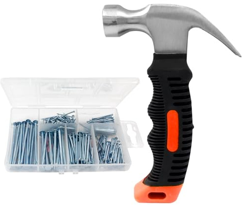 Unlorspy Kleiner Hammer mit 260-teiligem Hardware-Nägel-Sortiment, Mini-Hammer mit rutschfestem Griff und Wandnägeln zum Aufhängen von Bildern, Rot
