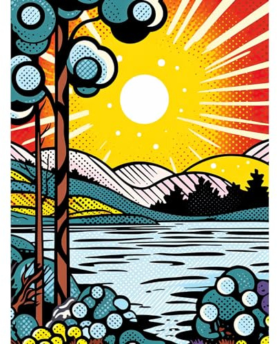 Artery8 Sunset Lakeside Landscape Comic Book Style Bubble Patterns Halftone Large Wall Art Poster Print Thick Paper 18X24 Inch
