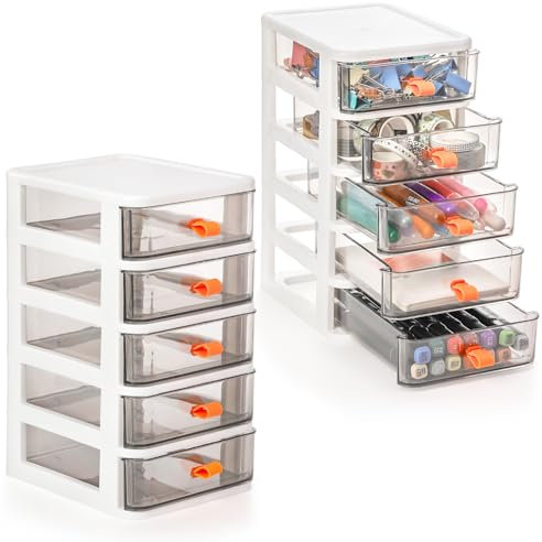 Cididu 2 Pack Small Desktop Drawer Storage Unit, Clear 5-Drawer Unit, Plastic Mini Organizer with Drawers, Organizer Box Storage Container Case 5.3x6.7x10.2 White Frame