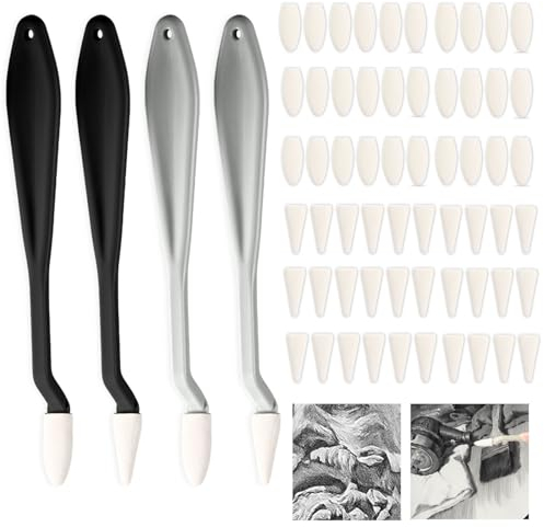 4PCS Sketch Drawing Tools, Blending Stumps with 60PCS Sponge Heads, Art Blenders, Sketch Trimmer Erase Sponge Wiper Pencils for Students, Artists, Detail Painting(Gray, Black)