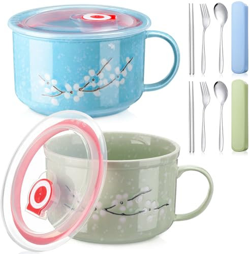 Tanlade 2 Pcs 30 oz Ceramic Soup Bowls with Lid and Handle Microwave Safe Mug Cups Snow Flake Blossoms and 2 Sets Stainless Utensils Set Fork Spoon Chopsticks with Case for Noodles (Blue, Green)