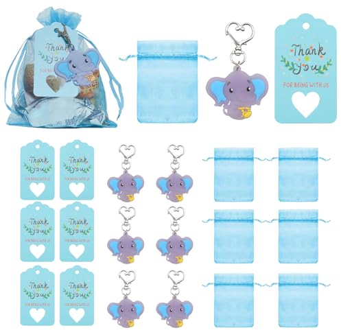 MytaYt 30 Stück Blau Elefanten Schlüsselanhänger PVC Elefante Anhänger Thank You mit Organza Beutel und Kraftpapier Anhänger für Taufe Geburtstag Elefanten-Mottoparty