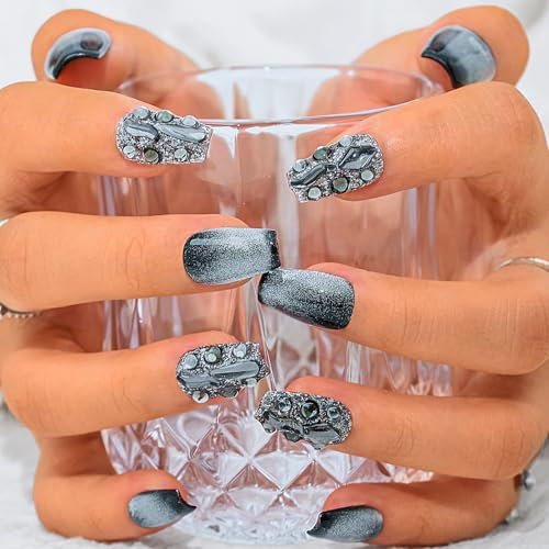 Sethexy Black Rhinestone Handmade Fake Nail Medium Coffin Cat Eye Glitter False Nails Glossy Acrylic Press on Nail Salon Nails for Women and Girls 10PCS (H)