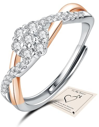 925 Sterling Silver Rings, Adjustable Open Ring Eternity Thumb Rings for Women Girls Flower Cubic Zirconia Twist Ring for Wedding Promise Anniversary, with Jewellery Box, Rose Gold