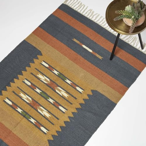 Homescapes Lundi Blue Teppich Jute Baumwolle orange-blau 240x300 cm, Fransen-Teppich handgewebt, Kelim Teppich geometrisch