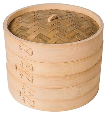 Bambus-Dampfgarer, 13 cm, zweistöckiger Dampfkorb/Dim Sum Dampfgarer, inklusive Bambusdeckel und 2 Bambuskörben, ideal für Brötchen, Knödel, Gemüse, Fisch