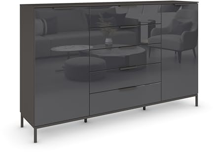 Rauch Möbel Flipp, Kommode, Farbe Glas Basalt/Graphit, Breite 180 cm | Sideboard, 2-türig, 5 Schubladen, Glasfront, Soft-Close, Griffe, Metallkufe Graphit für Schlafzimmer, Gästezimmer, Wohnzimmer