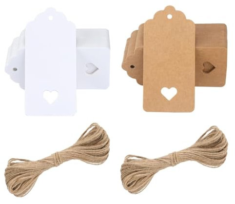 Kraft Paper Gift Tags 100PCS Brown Gift Tags for Crafts and Christmas Lovely Hollow Heart Wedding Favour Name Tags with 20M Jute Twine String (White+Brown-100Pcs)