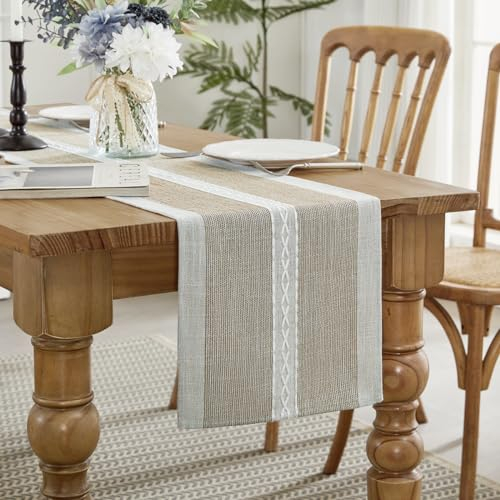 Wracra Stickerei Baumwolle Leinen Tischläufer, Bauernhaus-Stil Indoor Outdoor Kaffee Tabelle Läufer 120cm für Party Esszimmer Küche Dekorationen(Kaffee, 120cm)