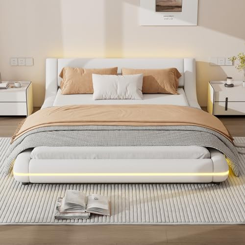 NNJN Cama plana, cama de suelo, PU, luz ambiental, mando a distancia con 24 teclas, blanco (140 x 200 cm)