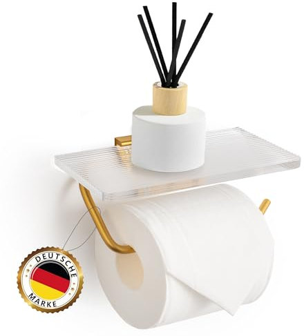 1Hive Toilettenpapierhalter ohne Bohren [sofort anwendbar] Klorollenhalter selbstklebend/Schraubmontage mit Ablage WC Rollenhalter Klopapierhalter luxuriös für Aufbewahrung 17x10CM (Gold)