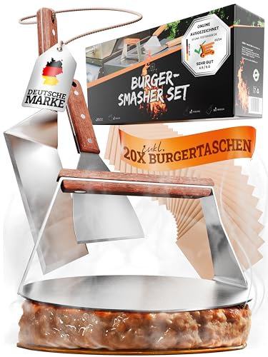 LIKAYA Burger Smasher & Grillspachtel Set [4-TLG.] Edelstahl mit Akazienholz-Griff für Plancha, Grillplatte, Gasgrill & Feuerplatte | 1x Smasher, 1x Spachtel, 1x Wender & 20x Burgerpapier