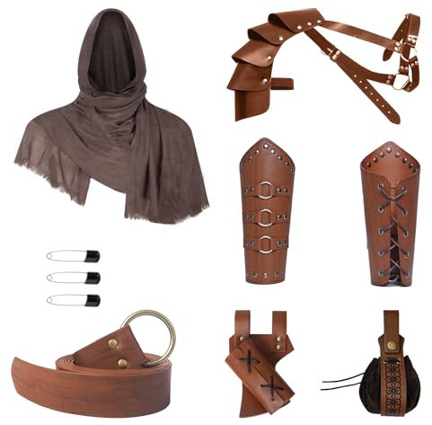 YRTBGD Mittelalterliches Ritterkostüm Zubehör Set mit Mittelalterlichem Gürtel Retro-Kopftuch Steampunk-Schulterpanzer Armschützer Gürteltasche Schwert Frosch für Halloween (Braun)