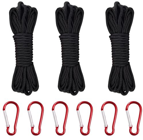 3 Pcs Multi-Functional Nylon Rope, 4MM Thick Black Nylon Rope, String Strong Traction Tying Rope, Braided Nylon Cord, Heavy Duty Hanging Cord with 6 Mountaineering Buckles for Camping, Outdoor, DIY