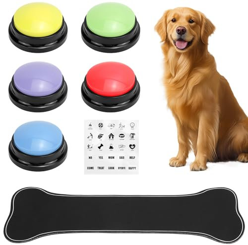 QWORK® 5 Colores Botones de Entrenamiento para Perros grabables, Juguete de Inteligencia para Perros, Incluye 25 Pegatinas, Pilas no Incluidas